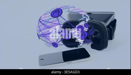 Showing VR headset projecting purple holographic globe above pale blue tabletop, smartphone nearby Stock Photo