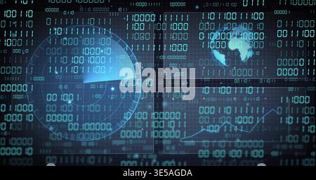 Scanning radar gauge left on dashboard, displaying binary digits, world map and line chart panels Stock Photo