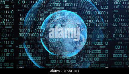 Rotating translucent blue globe orbiting digital space, streaming binary digits, wire arcs, nodes Stock Photo