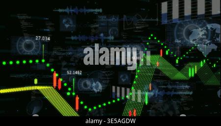 Displaying dark financial dashboard showing candlestick bars, green trend line, yellow band Stock Photo