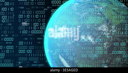 Displaying globe showing clouds and binary code overlay with HUD panels in virtual space, cyan glow Stock Photo