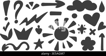 Set of simple doodle style elements for decorating diaries, notes, presentations and more. Black silhouettes of suns, stars, hearts, clouds, arrows Stock Vector