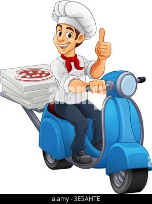 Cartoon Pizza Chef Delivery On Blue Scooter Stock Vector