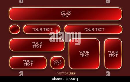 Premium glossy red buttons and frames with golden borders. Ideal for modern UI design and web elements. Vector illustration. Stock Vector