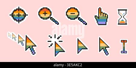 Pixel art retro computer cursor sticker pack in rainbow pride colors. Inclusive 8-bit nostalgic LGBTQ UI elements with white borders. Mouse pointers Stock Vector