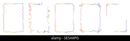 Retro whimsical rainbow gradient frame set with scalloped and wavy hand-drawn borders. Multicolored frames for social media, posters, cards and Stock Vector