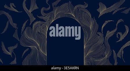 Elegant gold arch frame, ornate Art Nouveau line details on a dark background. Premium vector design with decorative swirls, floral elements, vintage Stock Vector
