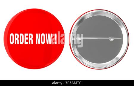 3d Red order now button pin isolated Stock Photo