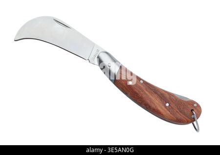 Folding garden curved blade knife isolated on white Stock Photo