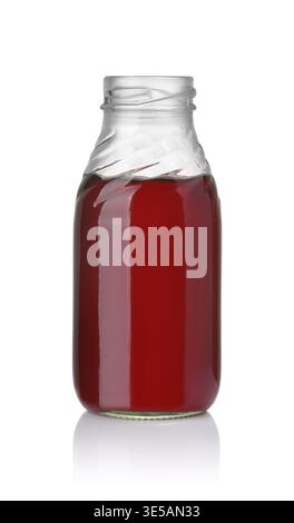 Front view of cherry juice in open glass bottle isolated on white Stock Photo