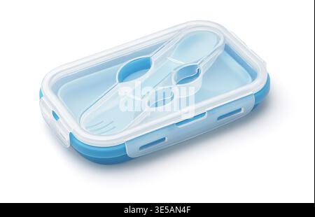Blue collapsible silicone lunch box with spork isolated on white Stock Photo