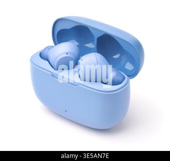 Pair of blue true wireless earbuds in charging case isolated on white Stock Photo