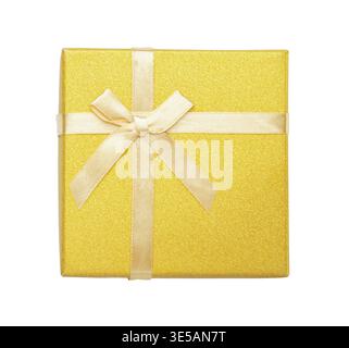 Top view of golden gift box with ribbon isolated on white Stock Photo