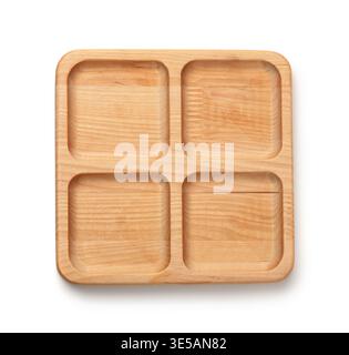 Top view of empty wooden square 4 compartments serving dish isolated on white Stock Photo