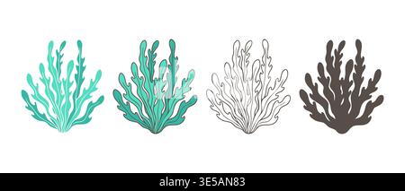 set of hand-drawn seaweed and coral silhouettes in different styles including line art and flat design, perfect for marine-themed branding, educational materials about ocean life, and spa product packaging. Vector illustration Stock Vector