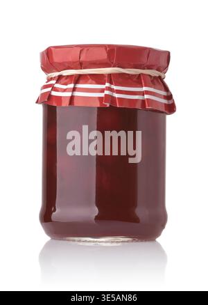 Front view of cherry jam jar with paper cap isolated on white Stock Photo