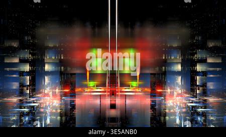 Bright colors and shapes appear in a digital design with layers of light patterns blending together at night. pattern shows a mix of shapes and tones Stock Photo