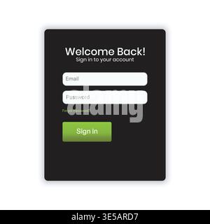 Dark Modern Login Screen UI with Green Sign In Button Minimal Form Design Stock Vector