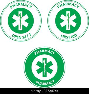 Green pharmacy labels isolated on a white background Stock Vector