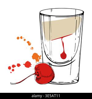 Cream and caramel layered Slippery Nipple in glass shot with cherry accent, juice splash in vector, ink hand drawn outline. Isolated flat illustration Stock Vector