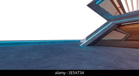 Abstract interior space featuring blue neon lighting and a textured concrete floor. 3d rendering Stock Photo