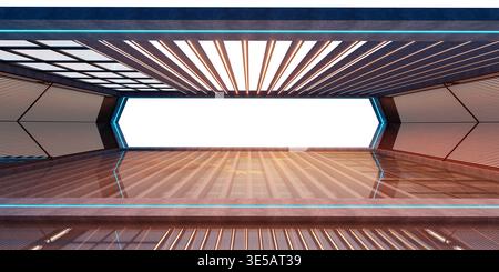 Empty 3d architectural stage featuring a concrete floor and vibrant neon lights Stock Photo