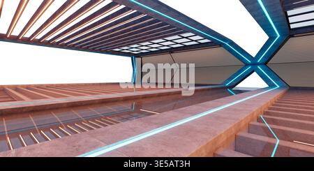 3d rendering futuristic empty concrete room illuminating with orange and blue neon lights Stock Photo