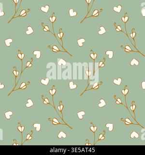 pattern with delicate white heart-shaped flowers and golden branches on soft sage green background, ideal for romantic stationary, nursery textiles, and spring wedding invitations. Vector illustration Stock Vector