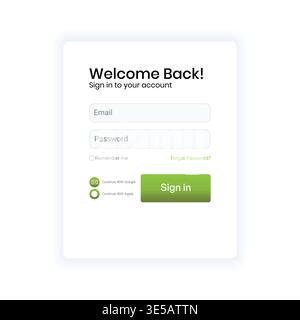 Login Screen UI with Green Button and Social Media Sign In Options Stock Vector