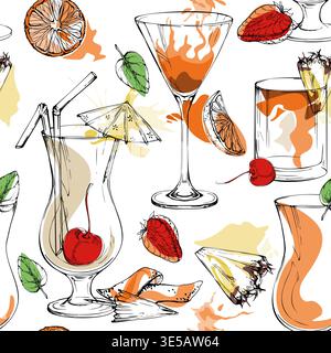 Warm orange and cream cocktail, milkshake, tea or juice drinks repeat with flat accents, citrus and fruit, mint. Hand drawn seamless vector pattern Stock Vector