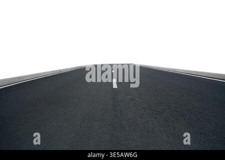 Empty asphalt road with dashed white lines extending into the distance on a white background Stock Photo