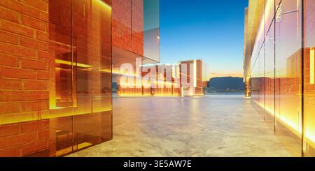 Buildings featuring brick walls and glass panels illuminated by warm sunset light. 3d rendering Stock Photo