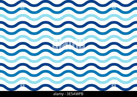 Repeated horizontal blue curvy lines on white background. Waves pattern. Sea or ocean, lake or river, aquarium water texture. Summer theme wallpaper. Simple maritime print. Vector illustration. Stock Vector