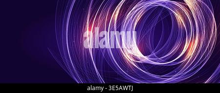 Glow Purple Light Ring, Neon Luminous Energy Circle with Bright Shine. Futuristic Motion Halo, Sci-Fi Portal Effect on Dark Background. AI Data Speedy Stock Vector