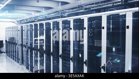 Displaying row of glass-front server racks showing overlays and flashing LED lights in server aisle Stock Photo