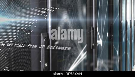Displaying row of server racks with glass doors, vertical handles in data center, with lens flares Stock Photo