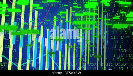 Showing vertical data columns overlaying neon-green binary digits on dashboard, with green markers Stock Photo