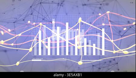 Showing centered chart in dashboard with white bars, yellow pink lines, bright points, network mesh Stock Photo