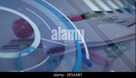 Displaying school and office supplies on desk, with red apple, notebook, scissors, blue HUD overlay Stock Photo