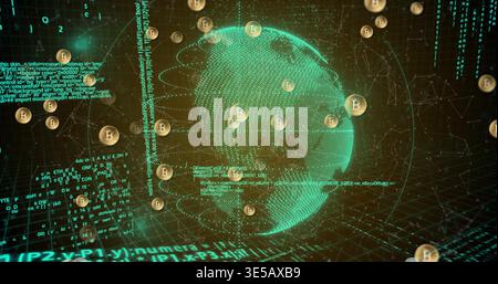 Rotating holographic dot-matrix globe streaming teal lines in cyberspace, with gold Bitcoin coins Stock Photo