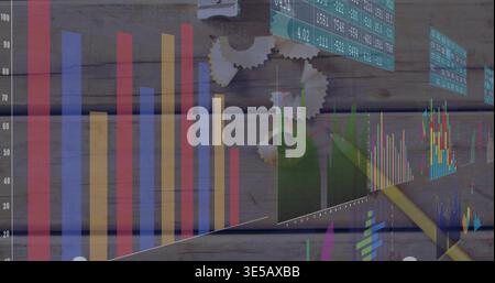 Displaying data charts on wood plank, with vertical bars, green tables, gears, yellow stylus Stock Photo