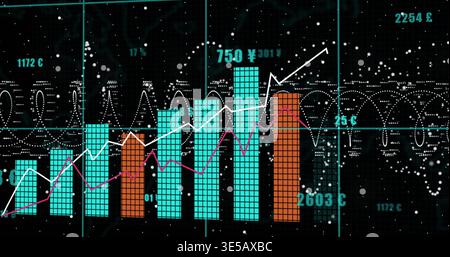 Displaying turquoise orange bar chart showing white and magenta lines on dark display, unit labels Stock Photo