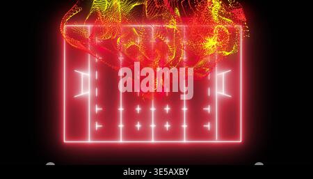 Glowing neon rectangular grid pulsing in black void, with vertical dividers and red-yellow mesh Stock Photo