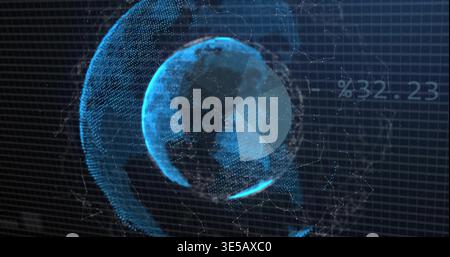 Displaying 3D holographic globe in virtual dashboard, with rings, node lines, pie wedge %32 Stock Photo