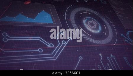 Displaying futuristic HUD on control dashboard, with concentric radar, neon circuits, blue chart Stock Photo