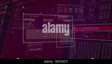 Showing wireframe keyboard centered in data UI, with red File  ENCRYPTION banner, code columns Stock Photo