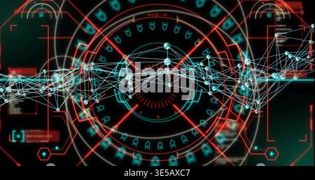Showing linked node network across virtual HUD, displaying radial rings, hex frames, data panels Stock Photo