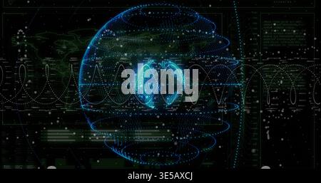 Rotating holographic sphere centered in virtual HUD, emitting blue cyan mesh and two glowing lobes Stock Photo