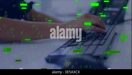 Typing woman's hands and forearms wearing shirt at desk, with black keyboard and binary code Stock Photo