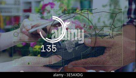 Exchanging hands making payment at florist with potted flowers, phone, wallet, plaid sleeve, HUD135 Stock Photo
